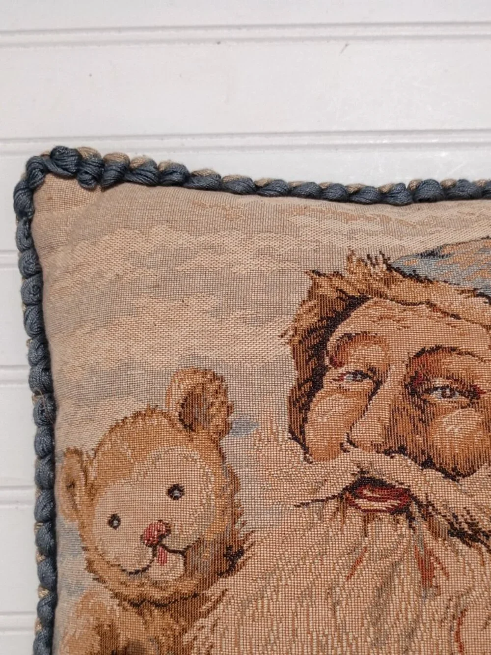 Vintage Tapestry Throw Pillow Santa Claus Old World Christmas Decor Folk Art Vtg